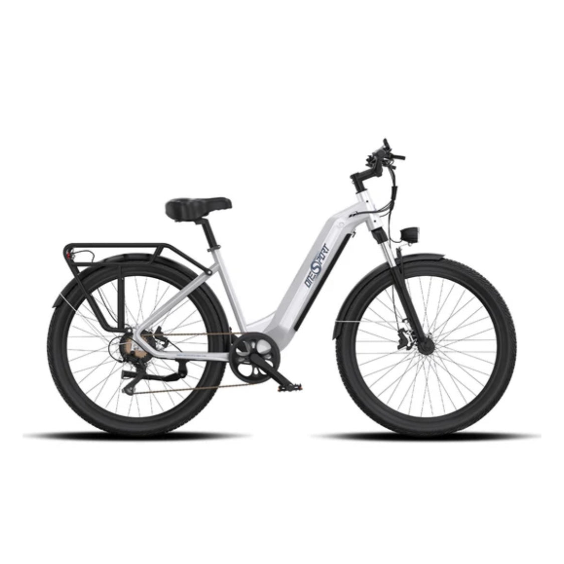 Vélo électrique OT05 blanc vu de côté, avec cadre bas et écran LCD