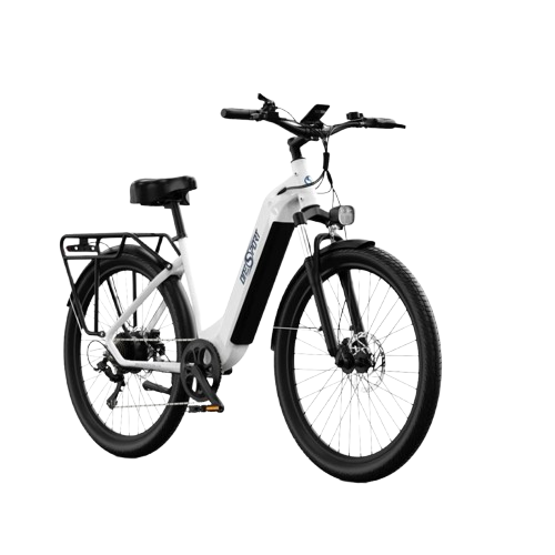 Vue en perspective du vélo électrique OT05 250W blanc avec fourche amortie