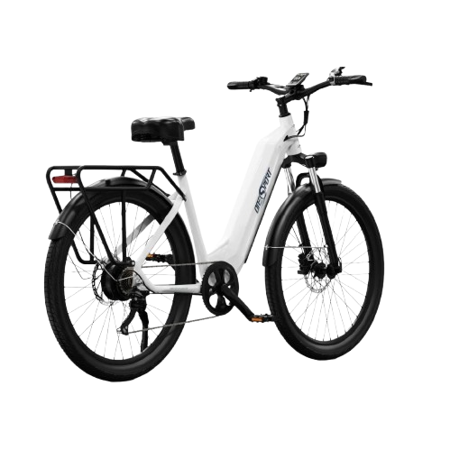 Vue latérale du vélo électrique OT05 250W en blanc avec moteur arrière et porte-bagages
