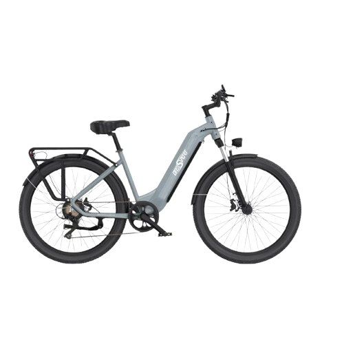 Vue latérale du vélo OT05 250W gris avec pneus larges et garde-boue