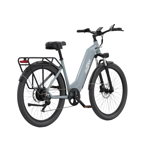Vue de trois quarts arrière gauche du vélo OT05 gris avec porte-bagages