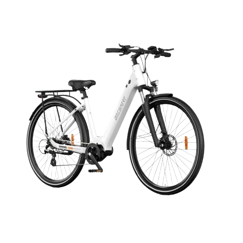 Vélo électrique de ville OT07 250W couleur blanche - vue de 3/4 avant avec porte-bagages et fourche suspendue