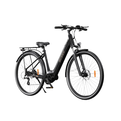 Vélo électrique de ville OT07 250W couleur noire - vue de 3/4 avant avec cadre bas et pneus larges
