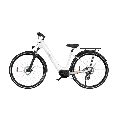 Vélo électrique OT07 250W blanc - vue latérale droite montrant le moteur central et le porte-bagages