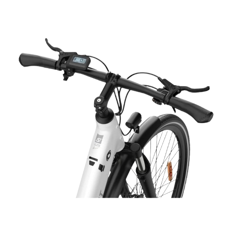 Vue rapprochée du tableau de bord LCD et de la fourche suspendue du vélo OT07 250W blanc