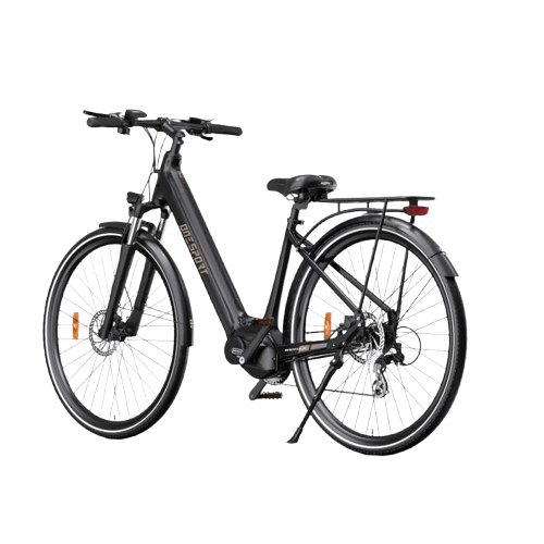 Vue arrière du vélo électrique OT07 250W noir avec porte-bagages, feu arrière LED et garde-boue