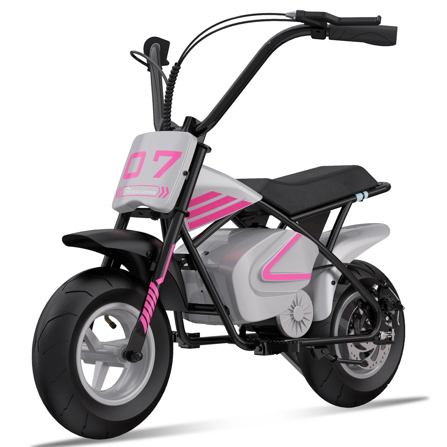 Moto électrique pour enfants 250W rose avec cadre noir et stickers roses, design moderne et sécurisé.
