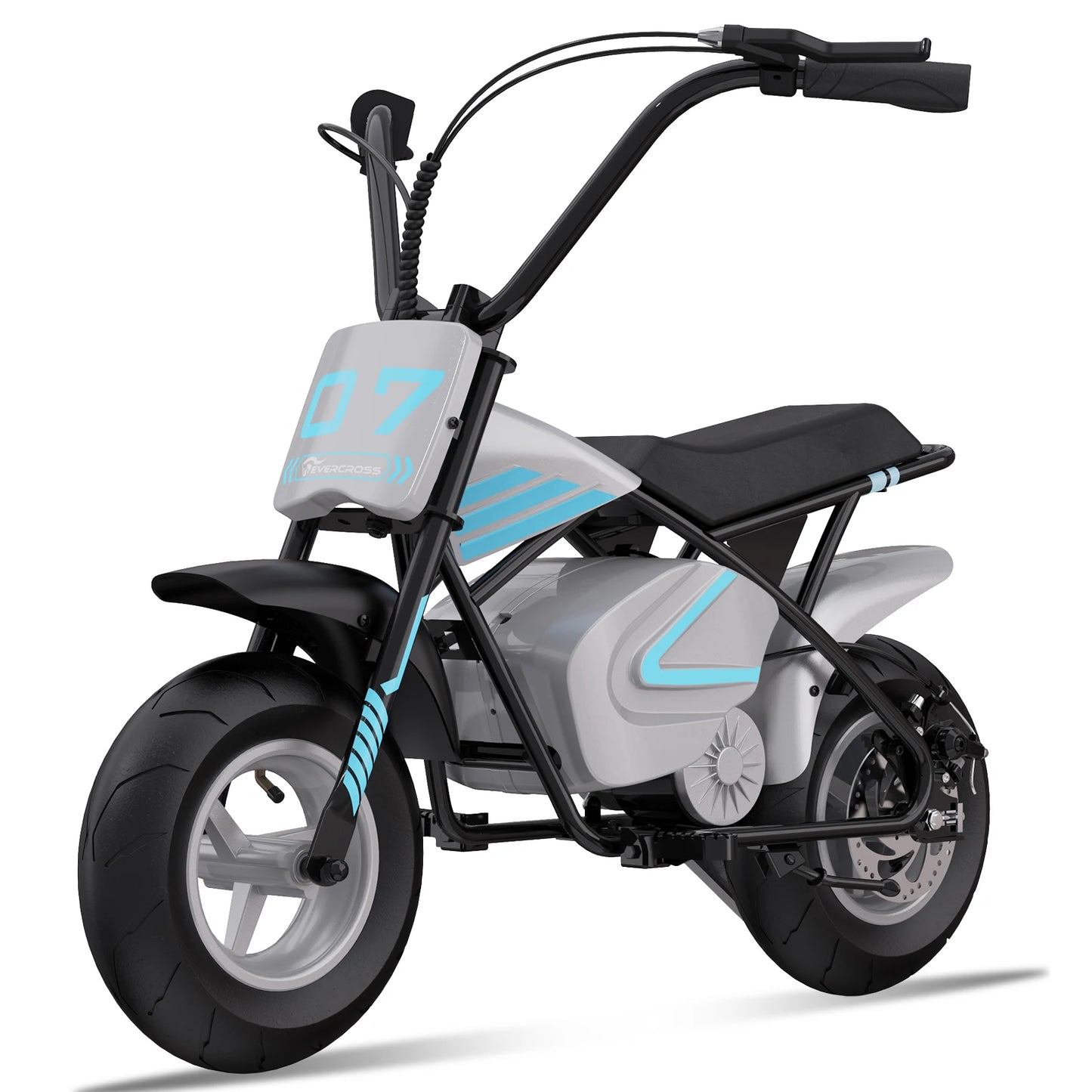 Moto électrique pour enfants 250W bleue avec cadre noir et stickers bleus, modèle stable et robuste.