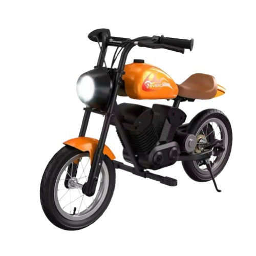 Moto électrique pour enfants 150W – version orange avec selle marron, au style rétro.