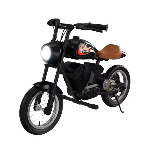 Moto électrique vintage pour enfants 150W – coloris noir avec selle marron et phare avant allumé.