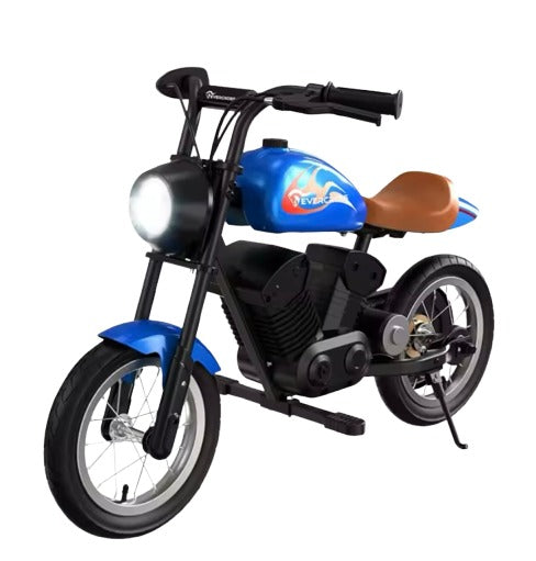 Moto électrique pour enfants 150W – modèle bleu avec selle marron, design inspiré des motos classiques.