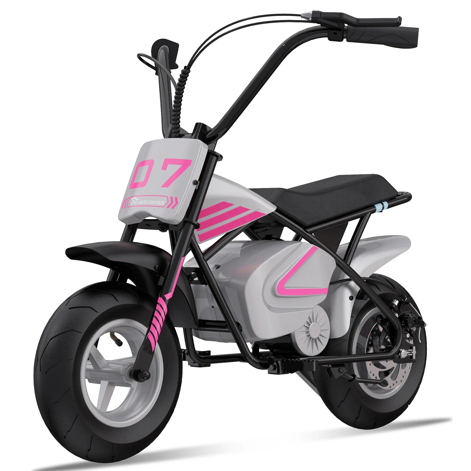 Moto électrique pour enfants 250W rose avec cadre noir et stickers roses, design moderne et sécurisé.