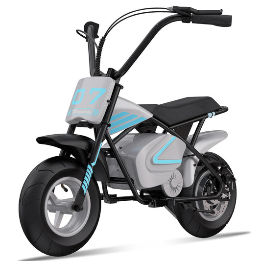 Moto électrique pour enfants 250W bleue avec cadre noir et stickers bleus, modèle stable et robuste.